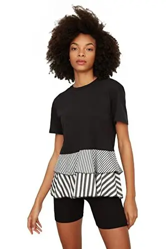 Produktbild: Trendyol Damen Schwarzes Volumen und gestreifte gewebt detaillierte gestrickte Bluse Blouse, Black, XS