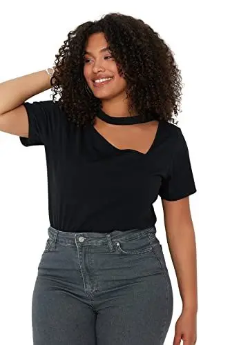 Produktbild: Trendyol Damen T-Shirt, Standard-Kropfband, hoher Halsausschnitt, gewebt, Übergröße Hemd, Schwarz, XXXXL