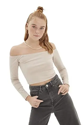 Produktbild: Trendyol Damen Trendyol Carmen Kragen Crop gestrickte Bluse Blouse, Stone, S