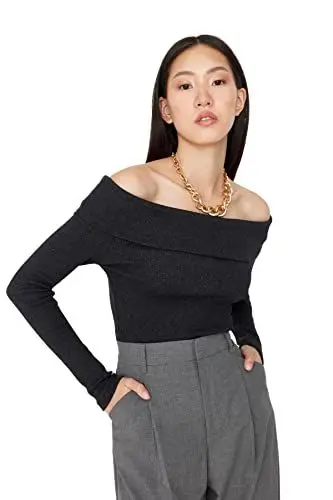 Produktbild: Trendyol Damen Woman Fitted Standard Carmen Collar Knit Blouse Hemd, Anthracite, Large