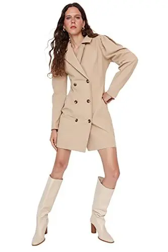 Produktbild: Trendyol Damen Woman Midi Asymmetrisch V-Ausschnitt Webstoff Kleid, Kamel, 38