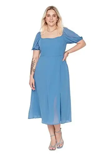 Produktbild: TRENDYOL Damen Women line Fitted Woven Dress Midi A-Linie tailliertes gewebtes Plus Size Kleid, Blau, 48