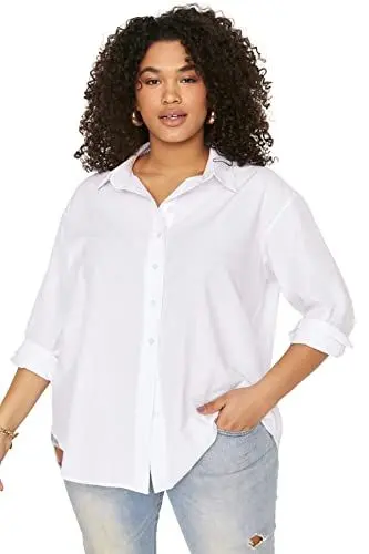 Produktbild: TRENDYOL Damen Women Shirt Collar Woven Plus Size Regular Fit Basic Hemdkragen Gewebtes Hemd, Weiß, 52 EU