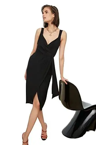 Produktbild: Trendyol Damen Women Wrapover Regular fit Woven Dress Midi-Wickelkleid mit normaler Passform, Black, 36