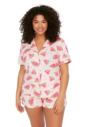 Produktbild: Trendyol Damen Women with Slogan Knit Shirt-Short Plus Size Pajamas Set Pyjama, Powder, 5XL