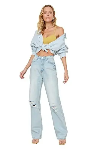 Produktbild: Trendyol Damen Zerrissene Hohe Taille Breite Beinjeans Jeans, Blau, 40 EU