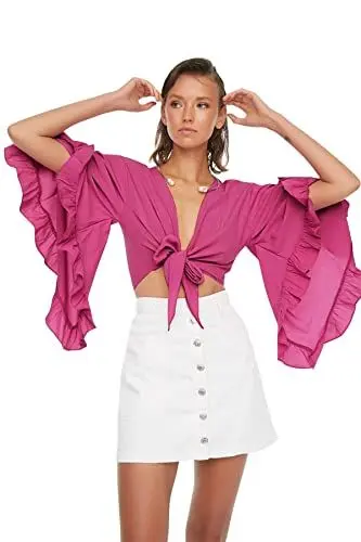 Produktbild: Trendyol Damen Woman Basic Fitted Bodycon V Neck Woven Blouse Bluse, figurbetont, V-Ausschnitt, gewebt, Fuchsia, 68