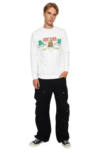 Produktbild: Trendyol Herren Rundhalsausschnitt und Slogan Regular Sweatshirt, Natur, X-Large