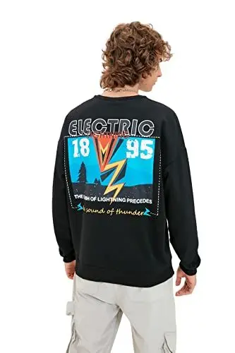 Produktbild: Trendyol Men's Herren Motto Lange Ärmel Übergroß Sweatshirt, Black, S