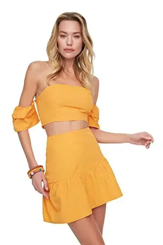 Produktbild: Trendyol Women's Carmen Collar Lautstärke Popeline Bottom Top Anzug Skirt Set, Orange, 38