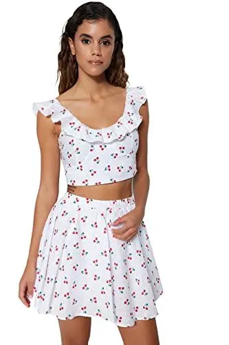 Produktbild: Trendyol Women's Gemusterter Rüschen Detaillierter Unterer Top-Anzug Skirt Set, Weiß, 38