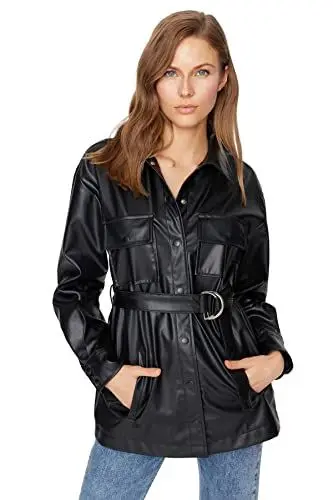 Produktbild: Trendyol, schwarze künstliche Leder-Metallschnalle gewölbte Mäntel, schwarz, extra groß