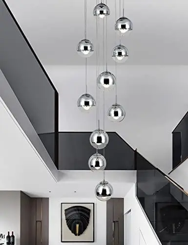 Produktbild: Kinbolas Treppenhaus Pendelleuchte 10 Glas Kugel LED Moderne Pendellampe Kristall Hängeleuchte Höhenverstellbar Kronleuchter Für galerie Wohzimmer Esstisch,Treppe,Flur Deckenleuchte Hängelampe,Silber