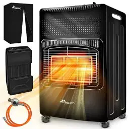 Produktbild: TRESKO 4200 Watt Gasheizung inkl. Gasdruckregler Gasschlauch + Abdeckung | Gasheizer Gasofen Gasheizofen mit 3 Stufen | Infrarot Gasheizgerät (Schwarz)