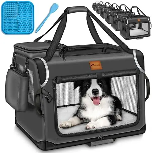 Produktbild: TRESKO® Hundebox faltbar inkl. Leckmatte, Spatel & Reflektoren M 61x42x42cm | Transportbox für Hunde und Katzen | Hundetransportbox Auto für kleine & große Hunde | Hundetasche robust Anthrazit