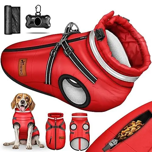 Produktbild: TRESKO® Hundejacke Winter mit Reflektoren inkl. 15 Stück Kotbeutel + Spender | Hunderegenmantel wasserdicht | Hundemantel mit Geschirr | Hunde Winterweste gefüttert (XL, Rot)