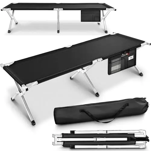 Produktbild: TRESKO XXL Campingbett Feldbett 210 x 90 x 42 cm Metallrohr - Belastbarkeit bis 150kg (Schwarz)