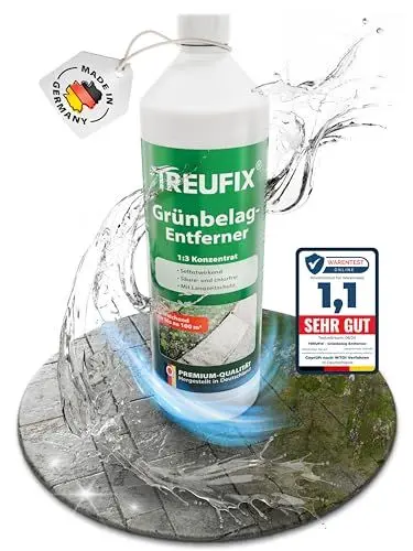 Produktbild: Treufix - Grünbelagentferner & Moosentferner Konzentrat (Chlor- und säurefrei) selbsttätige Entfernung von Grünspan, Grünbelag & Moos |Steinreiniger für Pflastersteine, Terrassen 1L Made in DE