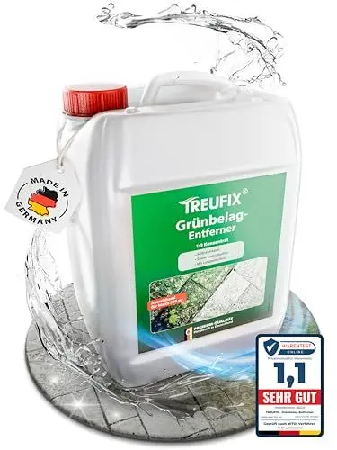 Produktbild: Treufix - Grünbelagentferner & Moosentferner Konzentrat (Chlor- und säurefrei) selbsttätige Entfernung von Grünspan, Grünbelag & Moos |Steinreiniger für Pflastersteine, Terrassen 5L Made in DE