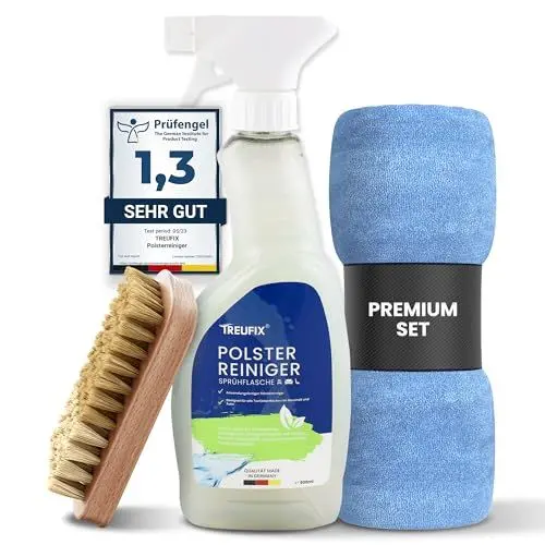 Produktbild: Treufix - Polsterreiniger & Teppichreiniger für Autositze, Sofa & Couch (Profi SET inkl. Polsterbürste & Mikrofasertuch) Effektiver Sofa Reiniger für maximale Sauberkeit 500 ml - Made in DE