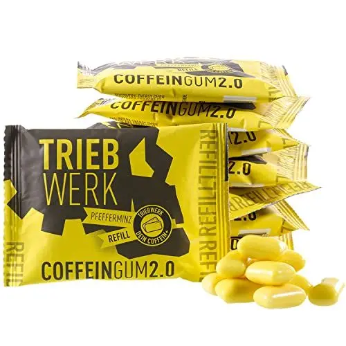 Produktbild: TRIEBWERK Koffein Kaugummi, 50mg Koffein pro Gum, Pfefferminz-Geschmack, 100 Stück, +Vitamin B12 (10x Refill)
