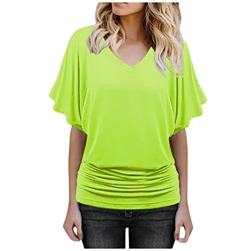 Produktbild: Trikot Damens Weich Plissierte Weites Hemd Solid Legerer mit Tiefem Ausschnitt Baumwol Bluse Frauenkleidern Sportlicher Fließende Neujahrs Halbarm Grün