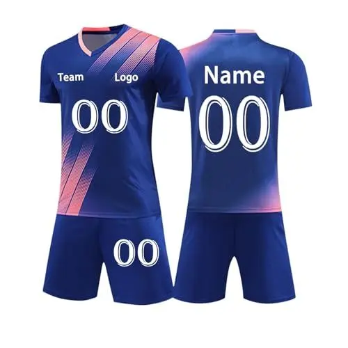 Produktbild: Trikot Kinder mit Namen Nummer Logo Fußball Trikot Herren Selbst Gestalten Fußballtrikots - Custom Jersey Shorts Personalisierte Fussball Trikots Torwarttrikot Bedrucken Blau 130