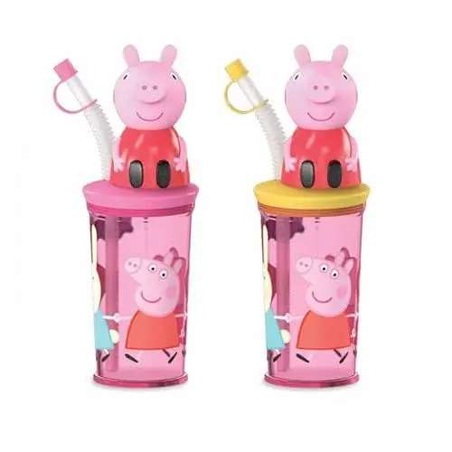 Produktbild: Trinkbecher mit Strohhalm und Geleebonbons im Peppa Pig Style, Becher aus Kunststoff bpafrei, Deckel gelb oder pink, für ca. 200 ml Flüssigkeit