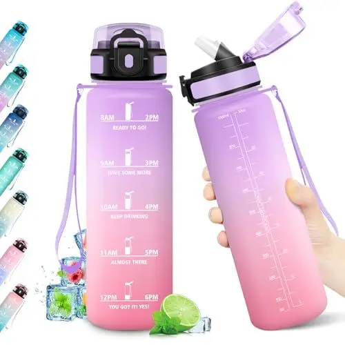 Produktbild: Trinkflasche 1L, Sportflasche BPA-frei, Auslaufsicher, Trinkflasche mit Strohhalm, Wasserflasche mit Zeitmarkierung für Fitness, Fahrrad, Büro, Schule, Outdoor, Erwachsene, Yoga, Sprudel geeignet