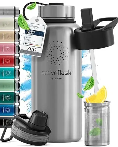 Produktbild: Trinkflasche Edelstahl ACTIVE FLASK + Strohhalm (3 Deckel) BPA-frei, Auslaufsicher, Kohlensäure geeignet - Wasserflasche Fahrrad Thermosflasche Isoliert Isolierflasche Sport Wasser Flasche Kinder Tee