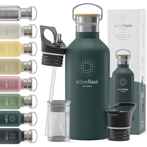 Produktbild: Trinkflasche Edelstahl mit Strohhalm, Infuser + 3 Deckel: BPA-frei, Auslaufsicher, Kohlensäure geeignet - Wasserflasche Fahrrad Thermosflasche Isoliert Isolierflasche Sport Wasser Flasche Kinder Tee