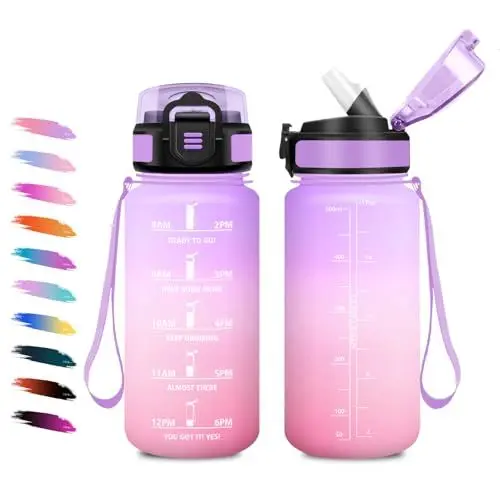 Produktbild: Trinkflasche Kinder 500ml, Wasserflasche mit Strohhalm, Kohlensäure Geeignet, Motivierende Trinkflasche mit Zeitmarkierung, Auslaufsichere Wasserflasche für Schule, Büro, Laufen, Wandern, Gym