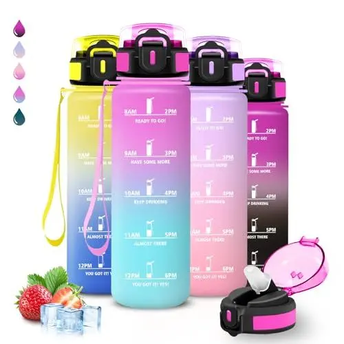 Produktbild: Trinkflasche, Trinkflasche 1l, Wasserflasche mit Strohhalm, Auslaufsicher, Sporttrinkflasche, Mit Sicherheitsverschluss, Flasche mit Zeitmarkierung, Flasche für Wandern, Fitness, Camping, Radfahren