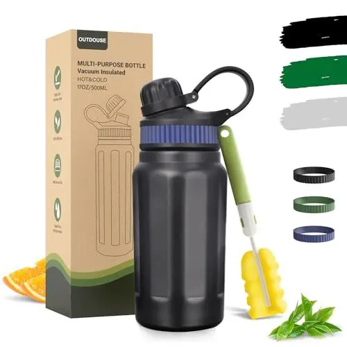 Produktbild: Thermoskanne&Kaltgetränkeflasche, Trinkflasche Edelstahl Thermo-Auslaufsichere Thermosflasche 500ml, 800ml mit Strohhal, 3 Austauschbares Silikonbänder-BPA frei Wasserflasche für unterwegs (500ml)