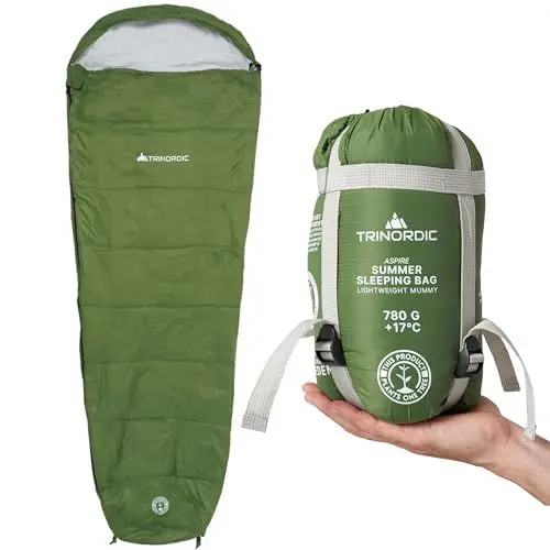 Produktbild: Trinordic 780g Ultraleicht Sommerschlafsack – mit Anti-Klemm-Reißverschluss - Kompakter Schlafsack Outdoor, ideal für Camping, Wandern, Trekking, and Bikepacking