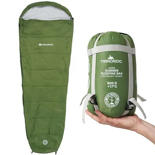 Produktbild: Trinordic 900g Ultraleicht Sommerschlafsack XL – kleines Packmaß mit Anti-Klemm-Reißverschluss – Mumienschlafsack Outdoor für Erwachsene, ideal für Camping, Wandern & Bikepacking