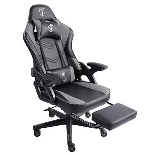Produktbild: TRISENS Gaming Stuhl im modernen Racing-Design mit ausziehbarer Fußstütze Gaming Chair mit verstellbaren Design Armlehnen ergonomischer Schreibtischstuhl mit extra Stützkissen, Farbe:Schwarz/Grau