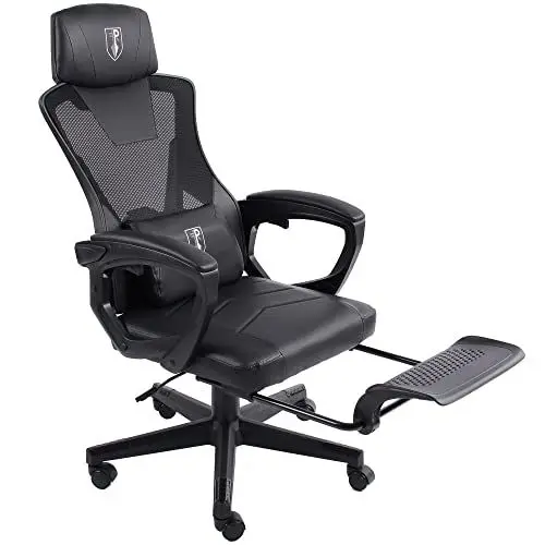 Produktbild: TRISENS Gaming Stuhl im modernen Racing-Design mit einklappbarer Fußstütze - Gaming Chair mit flexiblen Armlehnen - ergonomischer Gaming Schreibtischstuhl mit extra Stützkissen, Farbe:Schwarz