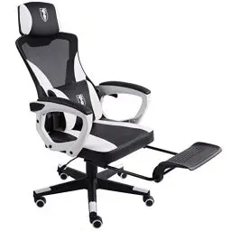 Produktbild: TRISENS Gaming Stuhl im modernen Racing-Design mit einklappbarer Fußstütze - Gaming Chair mit flexiblen Armlehnen - ergonomischer Gaming Schreibtischstuhl mit extra Stützkissen, Farbe:Schwarz/Weiß