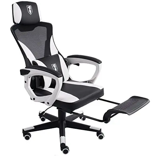Produktbild: TRISENS Gaming Stuhl im modernen Racing-Design mit einklappbarer Fußstütze - Gaming Chair mit flexiblen Armlehnen - ergonomischer Gaming Schreibtischstuhl mit extra Stützkissen, Farbe:Schwarz/Weiß