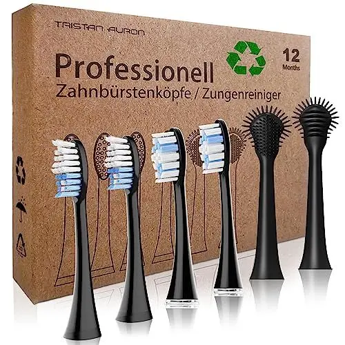 Produktbild: Tristan Auron 4x Ersatzbürstenköpfe und 2x Zungenreiniger, Tongue Cleaner, Aufsteckbürsten, 6er Pack