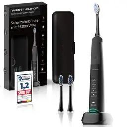 Produktbild: Tristan Auron Schallzahnbürste mit 55.000 Schwingungen - 60 Tage Akku - 5 Putzmodi - 2 Min. Timer + inkl. Reiseetui und 2 Bürstenköpfe - Elektrische Zahnbürste SonicMaster (Schwarz)