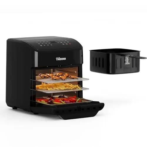 Produktbild: Tristar Mini Backofen & Heißluftfritteuse, 2-in-1-Airfryer, BPA-frei, 12 L, 12 Programme, Sichtfenster, 1800 W, FR-9065, Schwarz