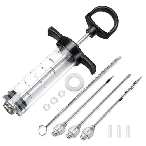 Produktbild: Tri-Sworker Fleischinjektor-Set aus Kunststoff für Smoker mit 3 Geschmacksspritzennadeln, ideal zum Einspritzen von Marinade in Truthahn, Fleisch, Bruststück·· 28 g·· inklusive Papier-Benutzerhandbuch