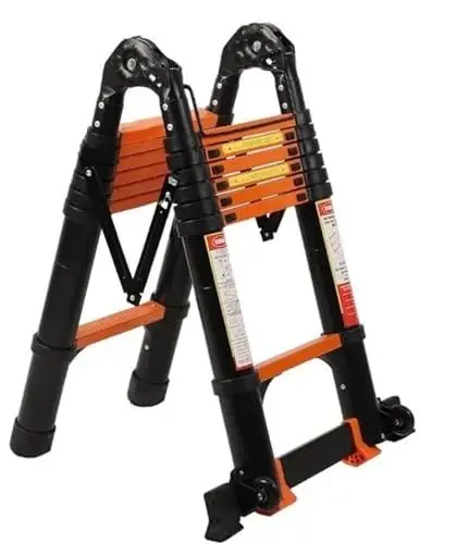 Produktbild: Trittleiter 14,5 Fuß Teleskop-A-Rahmenleiter mit Werkzeugplattform und Stabilisatorstange, Aluminium mit Rädern, zusammenklappbare, Faltbare Ausziehleiter Trittleiter Klappbar