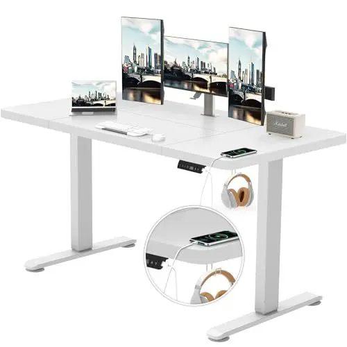 Produktbild: TRIUMPHKEY Höhenverstellbarer Schreibtisch 160x80cm mit USB Ladeanschluss, 3 Memory-Steuerung Schreibtisch Höhenverstellbar groß Anti-Kollisions-System Stehpult Computertisch Weiß Weiss