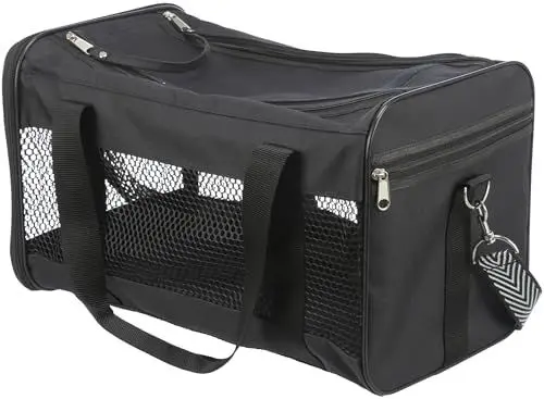 Produktbild: TRIXIE Haustier-Tasche Ryan für Hunde und Katzen, 28841, schwarz, 26 × 27 × 47 cm, Polyester, abnehmbarer Schulterriemen in schwarz/weiß, integrierte Kurzleine, optimale Luftzirkulation