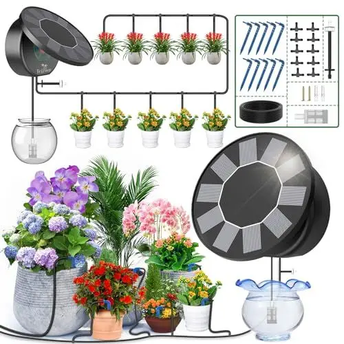 Produktbild: TRJZWA Solar Bewässerungssystem für Garten Balkon Automatisches Bewässerungssystem,Solar Bewässerungsanlage Tropfschlauch Bewässerung mit 9 Bewässerungsprogrammen und 10m Bewässerung Tropfschlauch