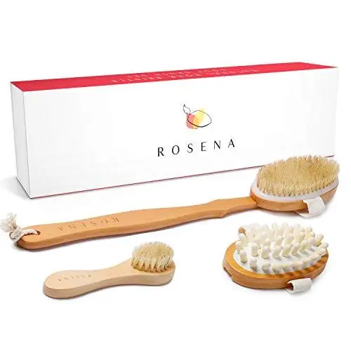 Produktbild: Trockenbürsten-Set – am besten für Cellulite, Lymphdrainage und Hautpeeling – Naturborsten Spa Kit – Langer Griff Rückenschrubber, Massagegerät & Gesichtspeeling für strahlende Haut…