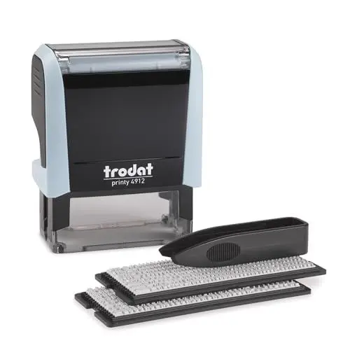 Produktbild: Trodat Printy 4912 Stempelset in Pastell Blau zum Selbersetzen - 4 Textzeilen, Abdruck 47x18 mm, Deutsch, inkl. Pinzette, Stempelkissen schwarz & Buchstaben- und Zahlenset in zwei Größen